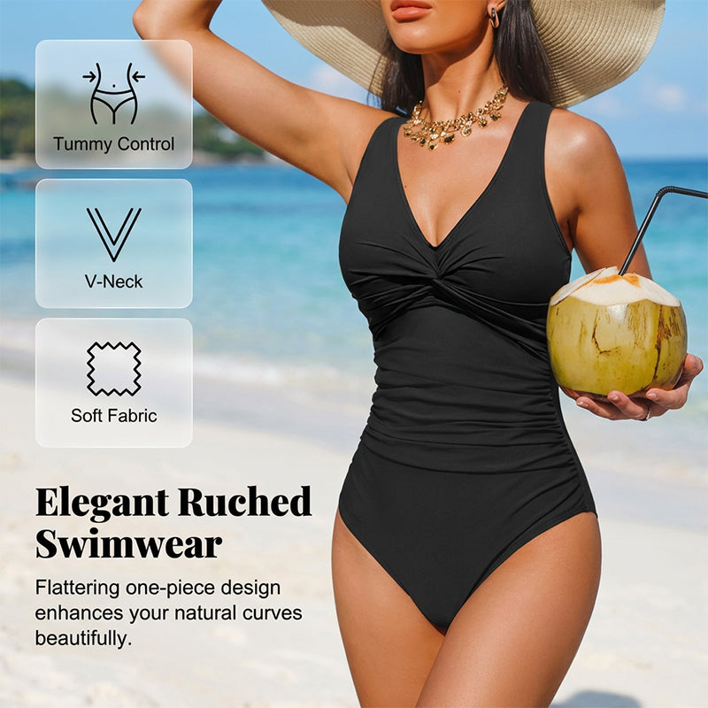 🩱✨ 50% Rabatt! Eleganter Einteiler-Badeanzug mit Bauchkontrolle – V-Ausschnitt & Raffung für eine schmeichelnde Silhouette