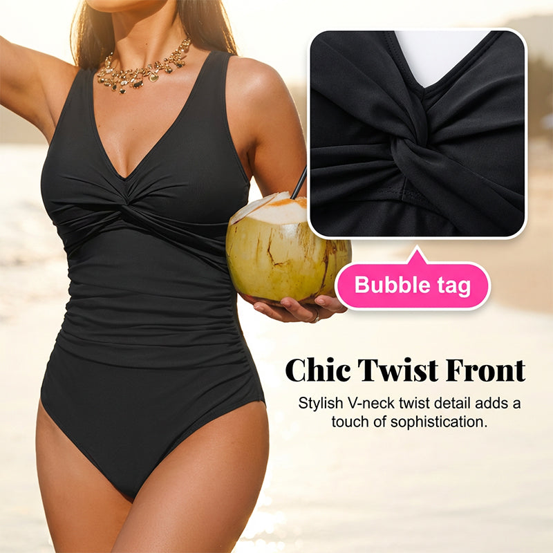 🩱✨ 50% Rabatt! Eleganter Einteiler-Badeanzug mit Bauchkontrolle – V-Ausschnitt & Raffung für eine schmeichelnde Silhouette