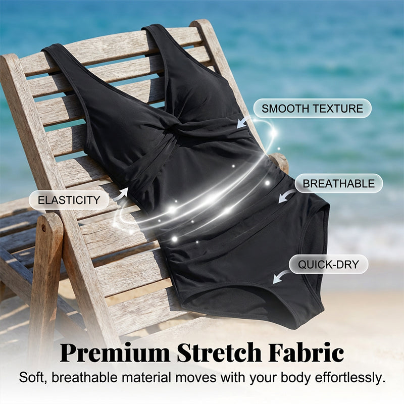 🩱✨ 50% Rabatt! Eleganter Einteiler-Badeanzug mit Bauchkontrolle – V-Ausschnitt & Raffung für eine schmeichelnde Silhouette