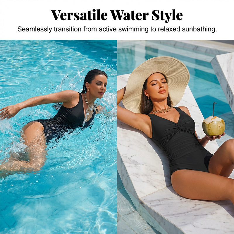 🩱✨ 50% Rabatt! Eleganter Einteiler-Badeanzug mit Bauchkontrolle – V-Ausschnitt & Raffung für eine schmeichelnde Silhouette