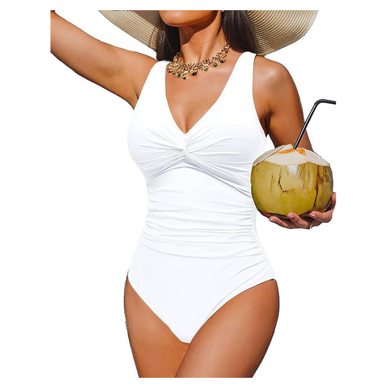 🩱✨ 50% Rabatt! Eleganter Einteiler-Badeanzug mit Bauchkontrolle – V-Ausschnitt & Raffung für eine schmeichelnde Silhouette