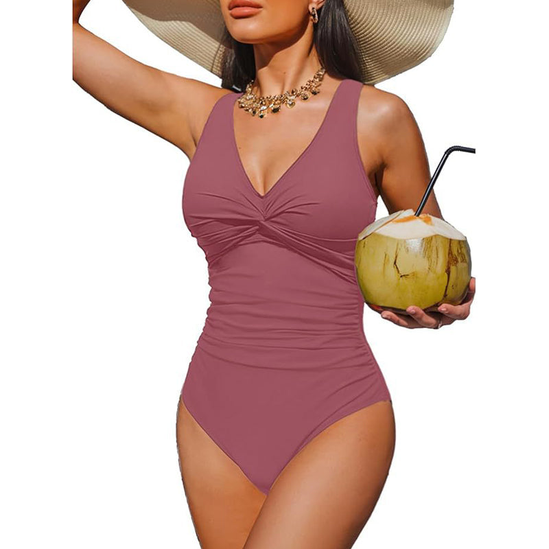 🩱✨ 50% Rabatt! Eleganter Einteiler-Badeanzug mit Bauchkontrolle – V-Ausschnitt & Raffung für eine schmeichelnde Silhouette