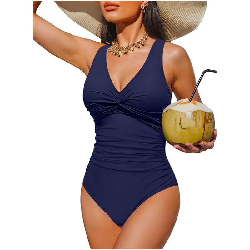 🩱✨ 50% Rabatt! Eleganter Einteiler-Badeanzug mit Bauchkontrolle – V-Ausschnitt & Raffung für eine schmeichelnde Silhouette