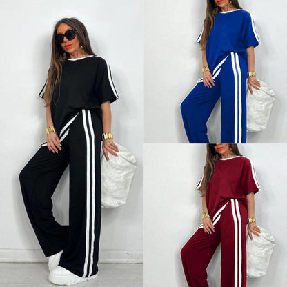 🔥Solange der Vorrat reicht 40 % Rabatt!🎉Damen Set mit gestreiftem Oberteil und Hosen mit weiter Beinweite