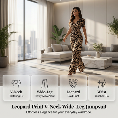 🐆✨ Damen Jumpsuit 2026 – Retro Leopardenmuster, V-Ausschnitt, Tailliert mit Falten, Weites Bein Y2K Style