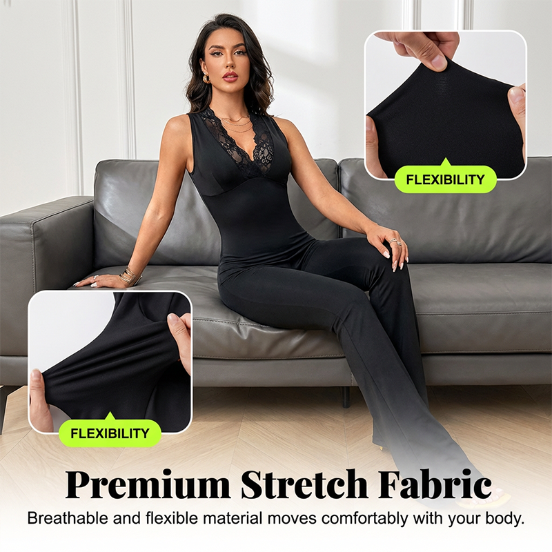 ✨🔥Eleganter Jumpsuit mit V-Ausschnitt, Spitzenverzierung und ausgestelltem Bein🖤