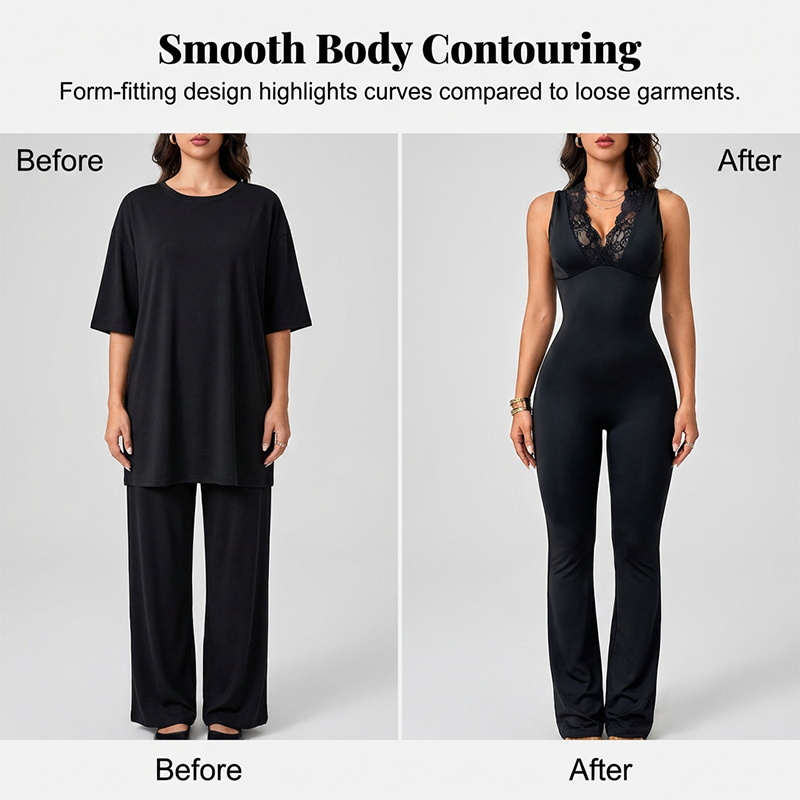 ✨🔥Eleganter Jumpsuit mit V-Ausschnitt, Spitzenverzierung und ausgestelltem Bein🖤