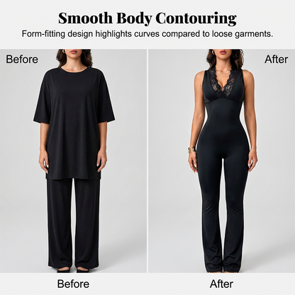 ✨🔥Eleganter Jumpsuit mit V-Ausschnitt, Spitzenverzierung und ausgestelltem Bein🖤