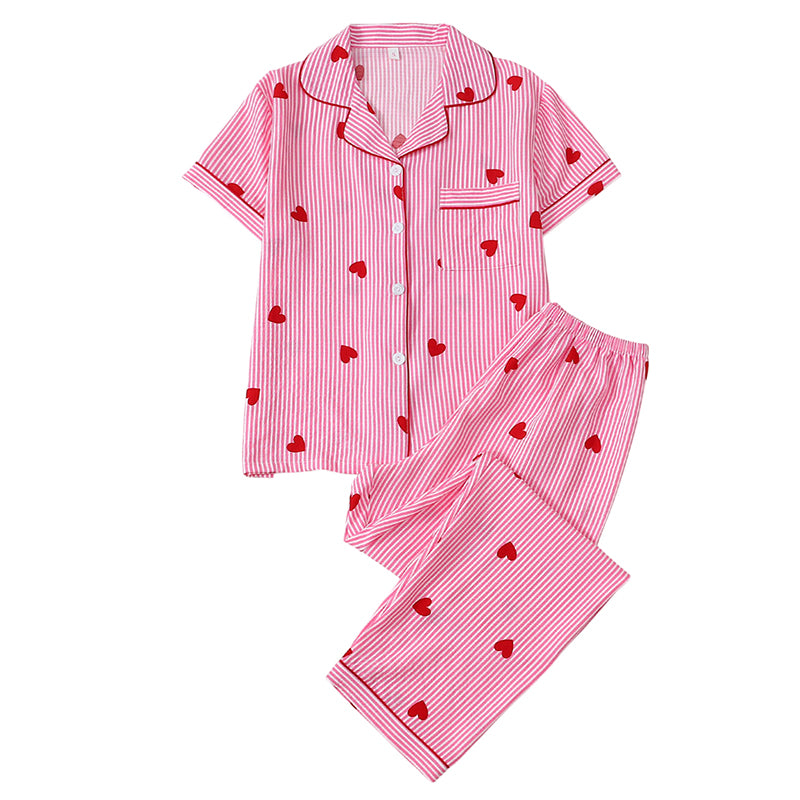 😊60 % Rabatt 🌸Damen-Pyjama-Set mit Herzprint und Streifen☁️Hautpflege, leicht wie eine Wolke