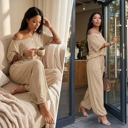 🔥Solange der Vorrat reicht 40 % Rabatt!💃 2-teiliges Set – Schulterfreies Oberteil und Hose für Damen 🌟