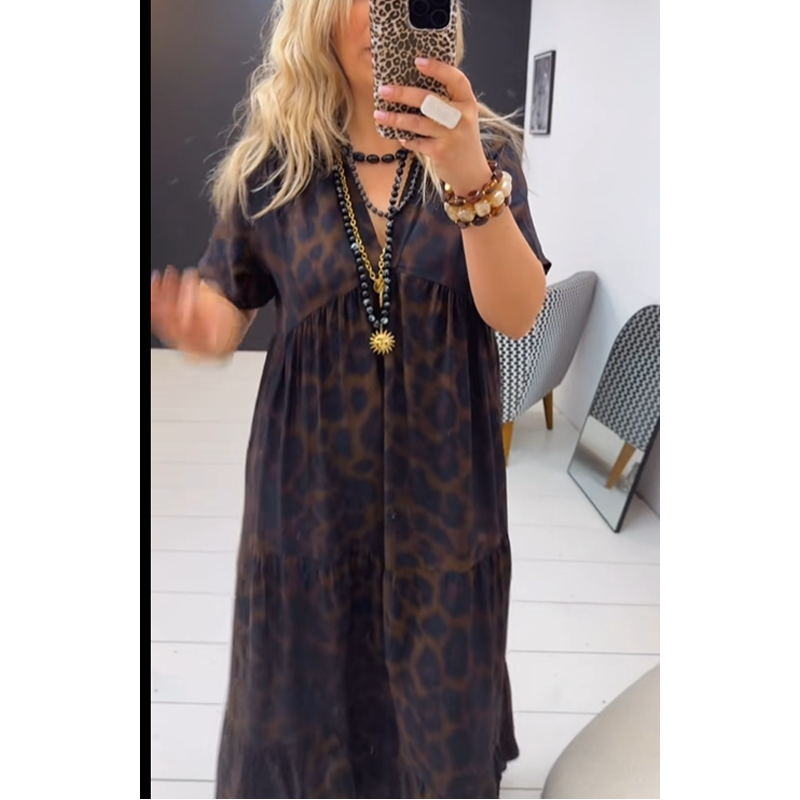 💃Leopardenkleid🐆 V-Ausschnitt, hohe Taille, figurschmeichelnder Schnitt, fließender Rock, atmungsaktive kurze Ärmel – verströmt im Nu wilde Eleganz! ✨