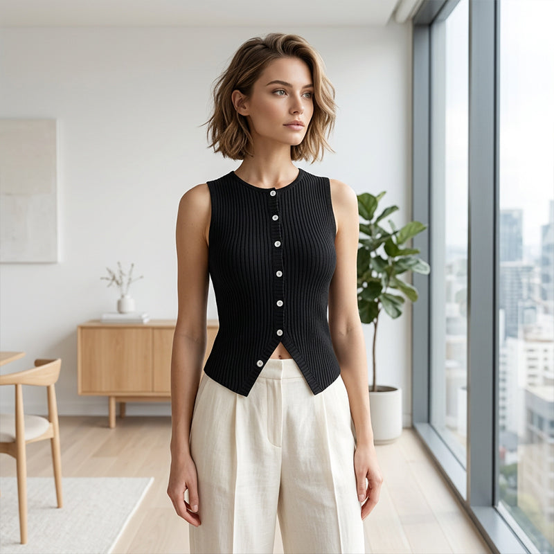 📢📢66% OFF ⏰💡Designed in the USA💡Women's Ribbed Knit Button-Front Sleeveless Vest