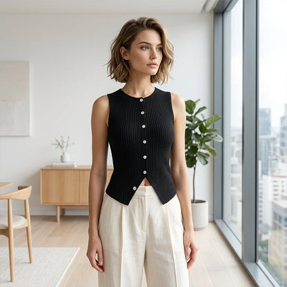 📢📢66% OFF ⏰💡Designed in the USA💡Women's Ribbed Knit Button-Front Sleeveless Vest