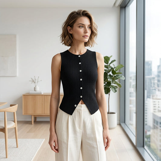 📢📢66% OFF ⏰💡Designed in the USA💡Women's Ribbed Knit Button-Front Sleeveless Vest