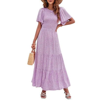 🌷Frühsommer-Sale: 70% Rabatt🌸 Lässiges, geblümtes Maxikleid für den Sommer 2026 mit kurzen, flatternden Ärmeln, Rundhalsausschnitt, geraffter Taille und fließendem Schnitt