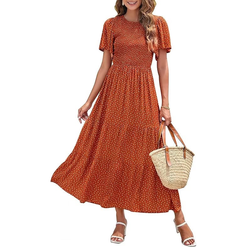 🌷Frühsommer-Sale: 70% Rabatt🌸 Lässiges, geblümtes Maxikleid für den Sommer 2026 mit kurzen, flatternden Ärmeln, Rundhalsausschnitt, geraffter Taille und fließendem Schnitt