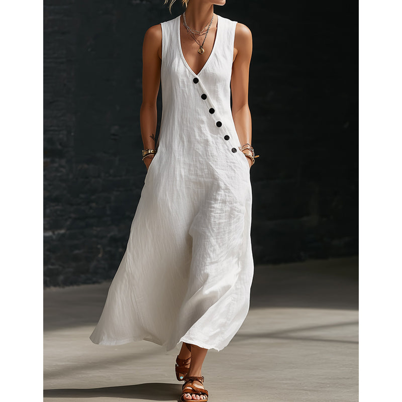 🔥Solange der Vorrat reicht 40 % Rabatt!🎉Ärmelloses Maxikleid für Damen mit V-Ausschnitt und Taschen