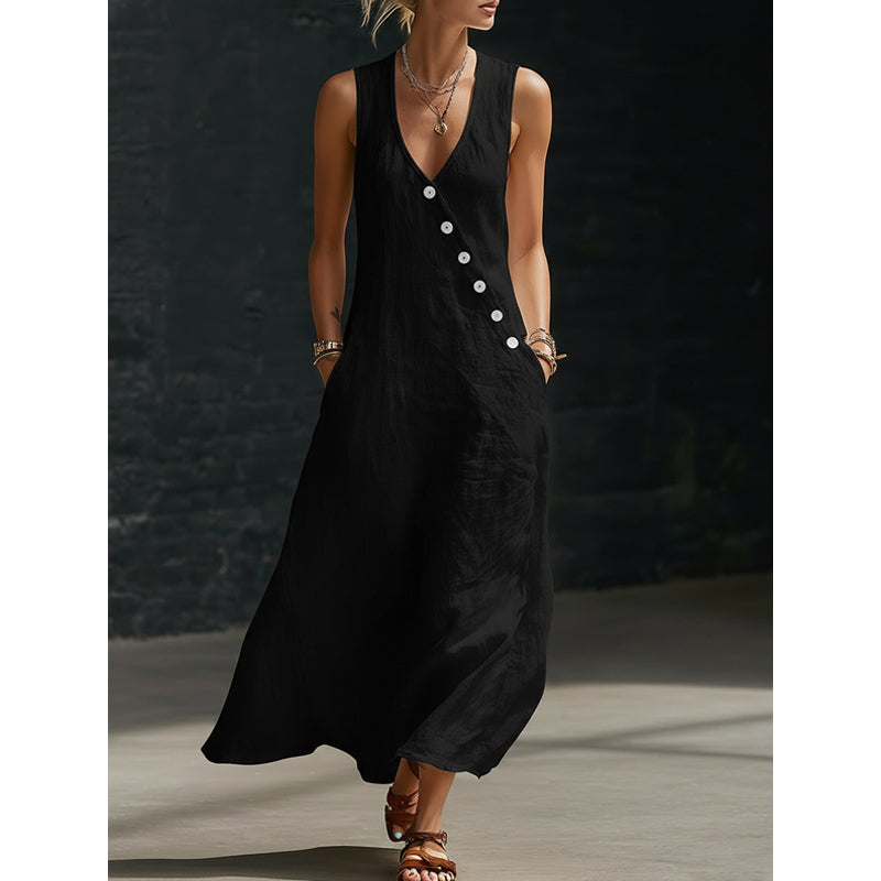 🔥Solange der Vorrat reicht 40 % Rabatt!🎉Ärmelloses Maxikleid für Damen mit V-Ausschnitt und Taschen