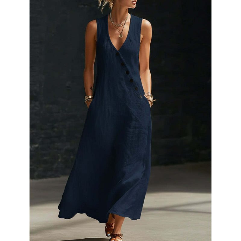 🔥Solange der Vorrat reicht 40 % Rabatt!🎉Ärmelloses Maxikleid für Damen mit V-Ausschnitt und Taschen