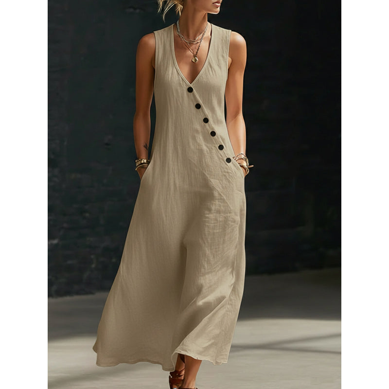 🔥Solange der Vorrat reicht 40 % Rabatt!🎉Ärmelloses Maxikleid für Damen mit V-Ausschnitt und Taschen