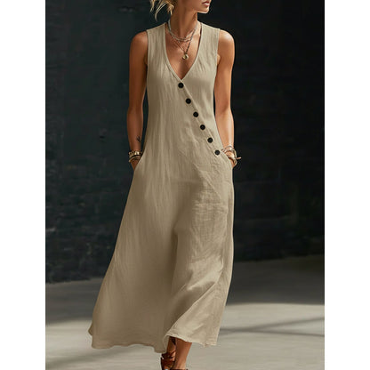 🔥Solange der Vorrat reicht 40 % Rabatt!🎉Ärmelloses Maxikleid für Damen mit V-Ausschnitt und Taschen