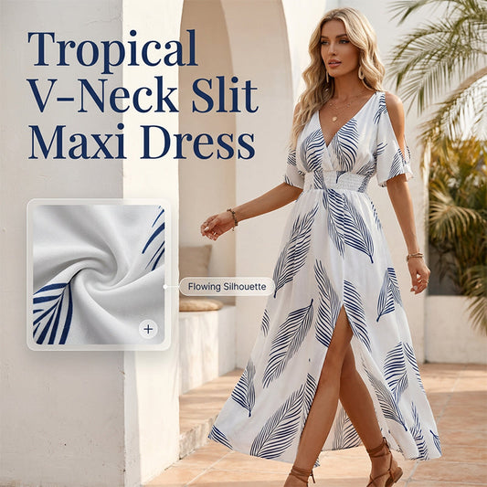 👗 Tropen-print Kleid mit V-Ausschnitt & Gehschlitz – leicht, luftig & perfekt für Strand, Urlaub & heiße Tage 🌴☀️