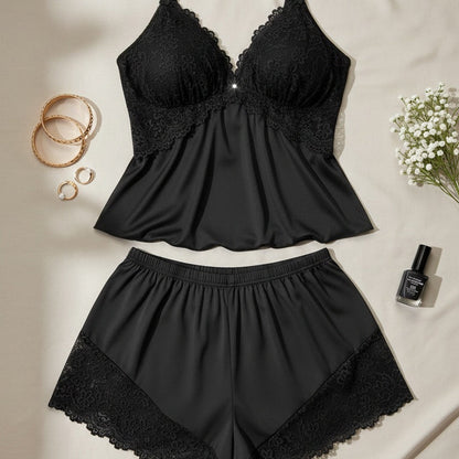 🥳HEISSER VERKAUF 2026🥳💞ÜBER 50.000 VERKAUFT!👗🌸 50 % RABATT! Pyjama-Set aus Top und Shorts mit Spitzenbesatz – Weicher, satinartiger Stoff, verstellbare Träger und V-Ausschnitt.