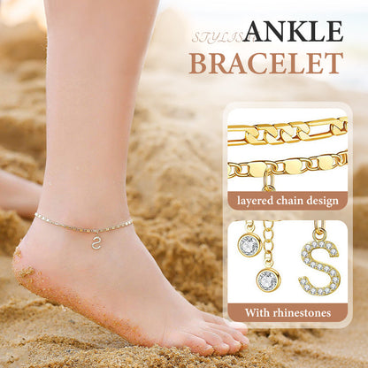 ✨ 50% OFF NOW! 💛 Layered Gold Ankle Bracelet for Women – Rhinestone, Adjustable & Perfect Beach Jewelry 🏖️