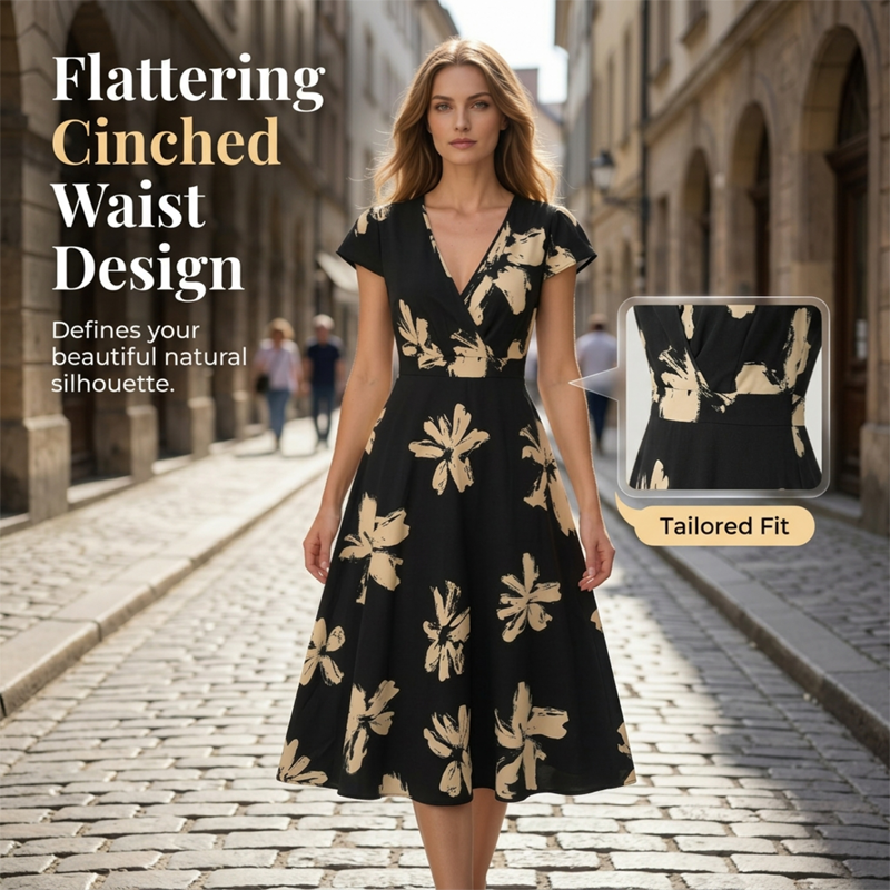 👗 53% RABATT! 🌺 Damen Freizeitkleid mit Print, V-Ausschnitt & Rüschen – Leichter Stoff & romantischer Stil – Perfekt für warme Tage, Strand oder einen feminine Look im Alltag ☀️✨