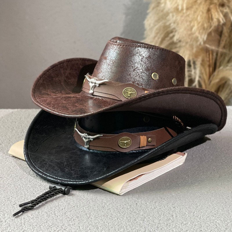 🤠 LIMITED-TIME 50% RABATT! ✨ Vintage-Cowboyhut mit breiter Krempe & Riemen – PU, Einheitsgröße, Verstellbar ☀️