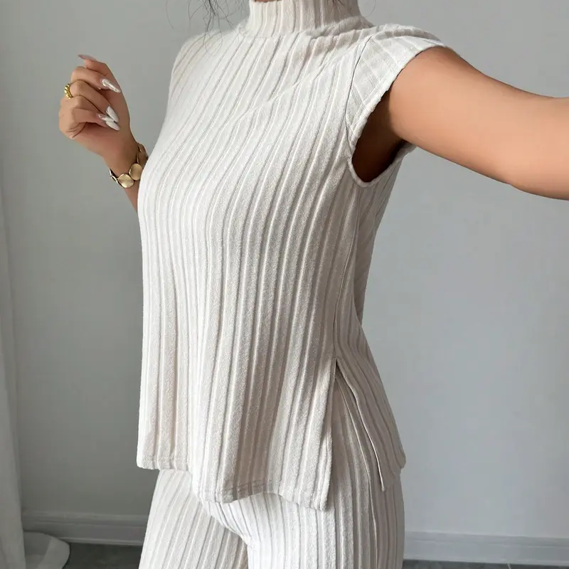 👗 JETZT 50 % RABATT! 🌸 Elegantes 2-teiliges Set aus Oberteil mit Stehkragen und Hose mit weitem Bein – gerippte Struktur, fließende Silhouette und vielseitiger Stil ✨