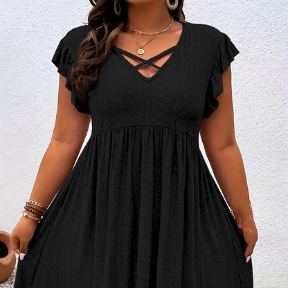 👗 50% RABATT! ⏰ Damenkleid mit V-Ausschnitt & Rüschenbesatz – inklusive kostenloser Halskette – Romantischer Look, leichter Stoff & perfekt für Frühling, Sommer oder besondere Anlässe 🌸