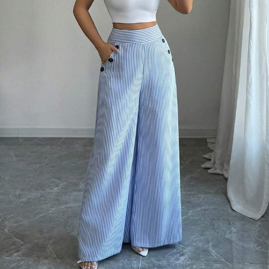 ✨Damen Leinenhose mit Blau-Weiß-Streifen 👖 Hohe Taille & Lockerer Gerader Schnitt