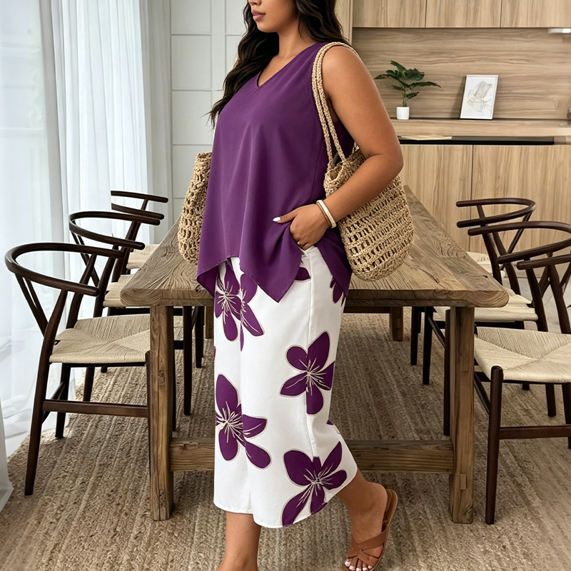 🌸 NUR FÜR KURZE ZEIT: 55 % RABATT! ✨ Set aus asymmetrischem Damenoberteil und Caprihose mit Blumenmuster – vielseitig, farbenfroh, bequem 🌺