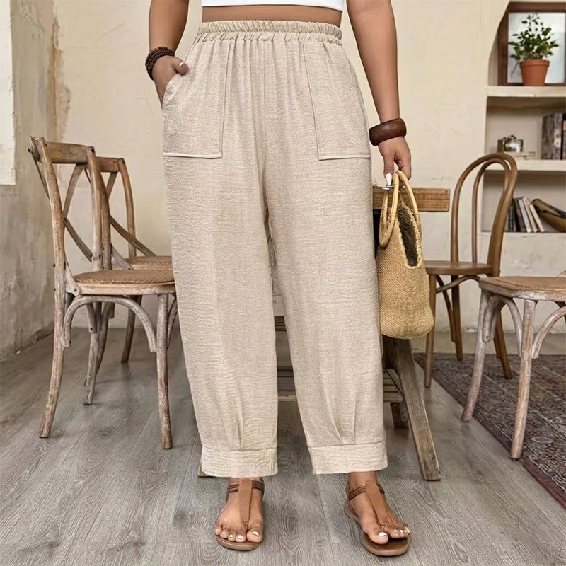 🌾 50 % RABATT LIMITIERT! 👖 Damen Leinen-Optik Freizeithose – Elastischer Taillenbund, locker geschnitten mit Taschen, super bequem für Alltag 🤍