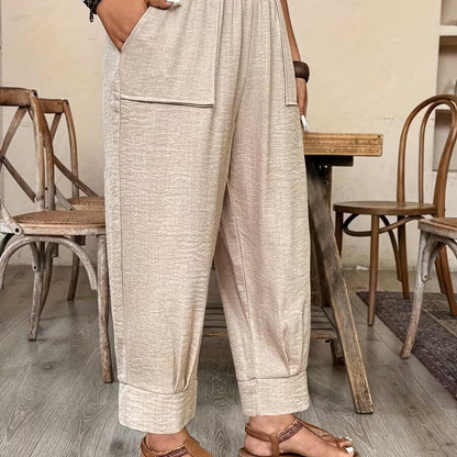 🌾 50 % RABATT LIMITIERT! 👖 Damen Leinen-Optik Freizeithose – Elastischer Taillenbund, locker geschnitten mit Taschen, super bequem für Alltag 🤍