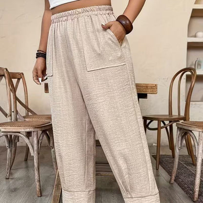 🌾 50 % RABATT LIMITIERT! 👖 Damen Leinen-Optik Freizeithose – Elastischer Taillenbund, locker geschnitten mit Taschen, super bequem für Alltag 🤍