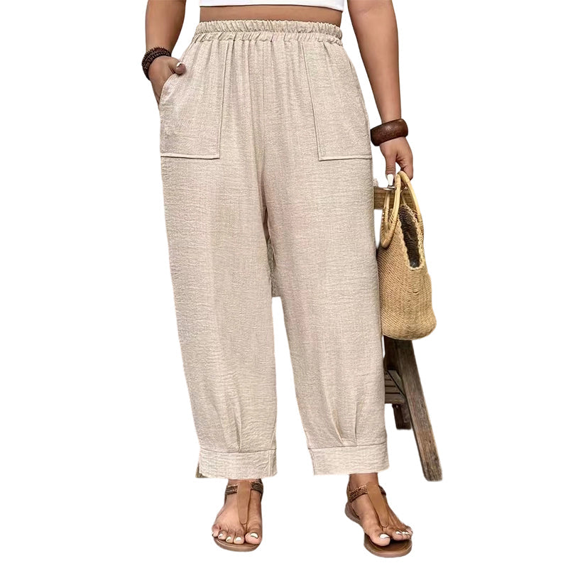 🌾 50 % RABATT LIMITIERT! 👖 Damen Leinen-Optik Freizeithose – Elastischer Taillenbund, locker geschnitten mit Taschen, super bequem für Alltag 🤍