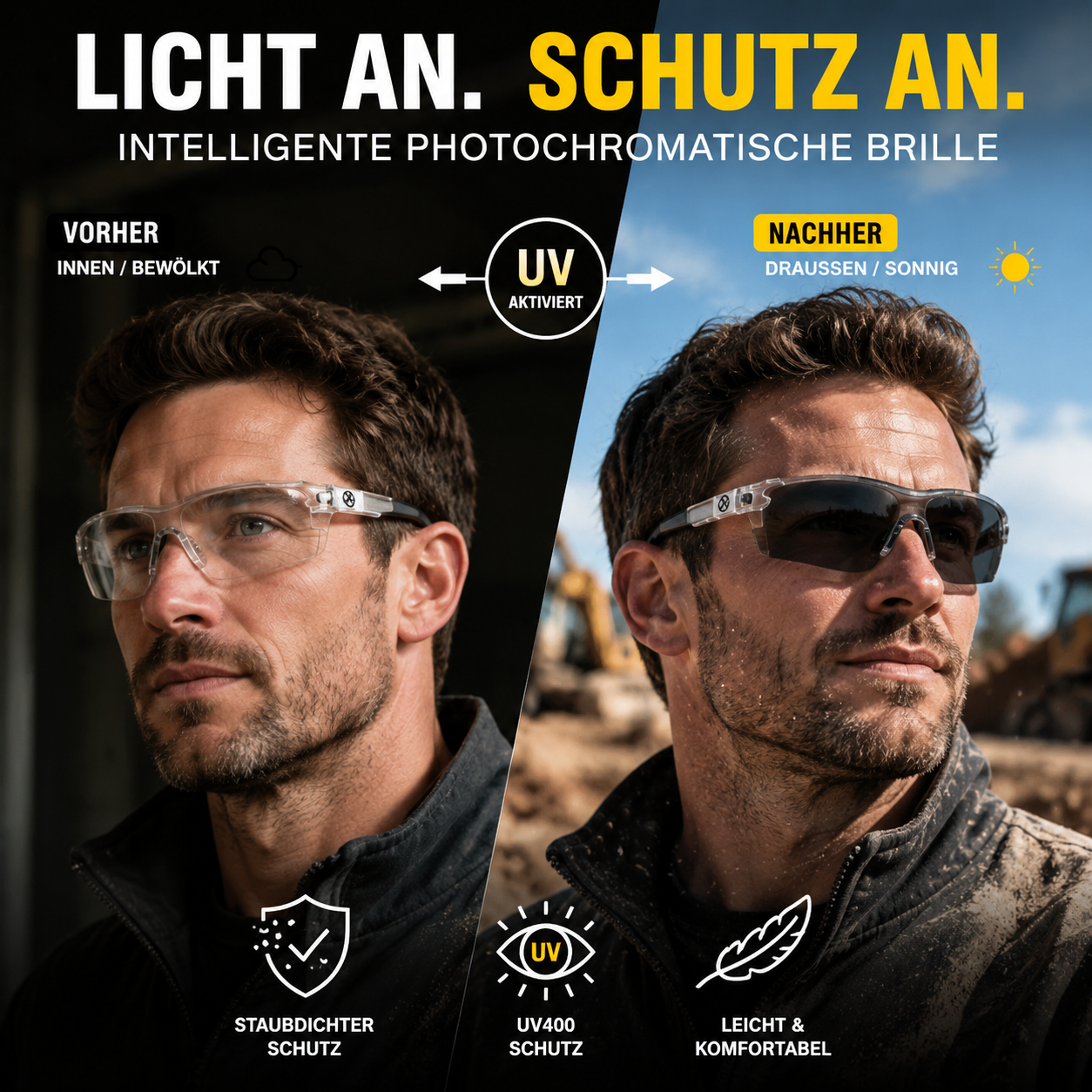 🕶️ 50% RABATT! 🏍️ Motorrad-Schutzbrille für Tag & Nacht – UV400, polarisierend & gelbe Nachtlinse – Perfekter Sitz & klare Sicht unter jedem Helm ✨