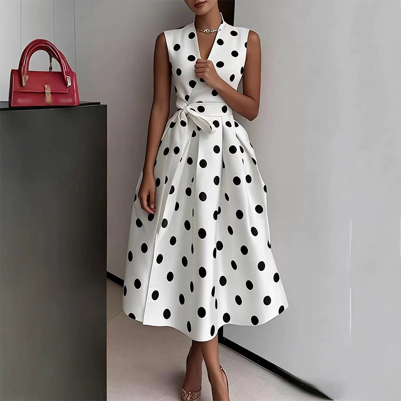 👗🌸 50% RABATT! Damen-Kleid mit Polka-Dot-Muster, V-Ausschnitt & ärmellos – Luftig, elegant & vielseitig für Alltag, Büro & besondere Anlässe ✨