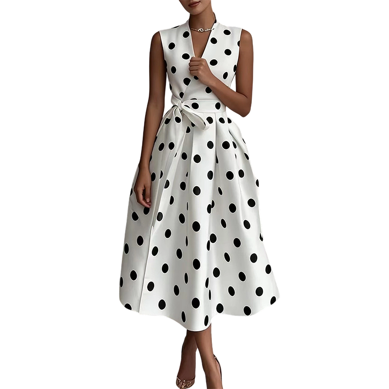 👗🌸 50% RABATT! Damen-Kleid mit Polka-Dot-Muster, V-Ausschnitt & ärmellos – Luftig, elegant & vielseitig für Alltag, Büro & besondere Anlässe ✨