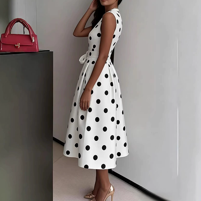 👗🌸 50% RABATT! Damen-Kleid mit Polka-Dot-Muster, V-Ausschnitt & ärmellos – Luftig, elegant & vielseitig für Alltag, Büro & besondere Anlässe ✨