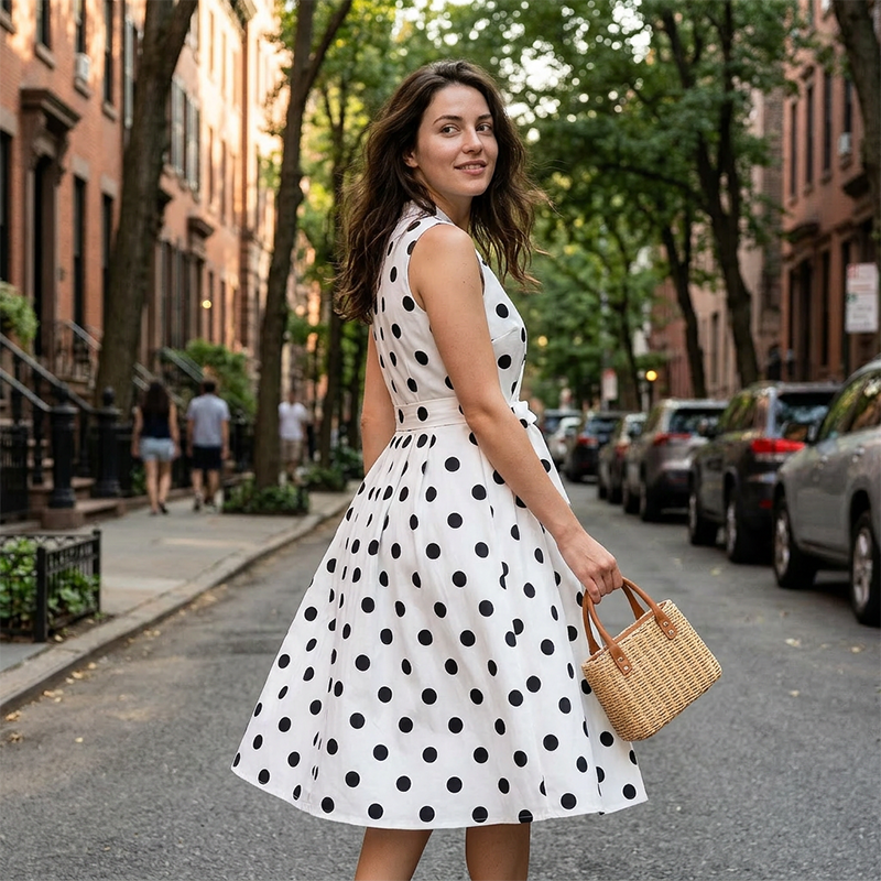 👗🌸 50% RABATT! Damen-Kleid mit Polka-Dot-Muster, V-Ausschnitt & ärmellos – Luftig, elegant & vielseitig für Alltag, Büro & besondere Anlässe ✨