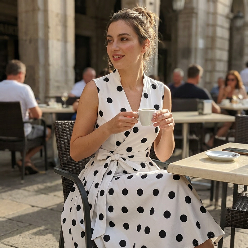 👗🌸 50% RABATT! Damen-Kleid mit Polka-Dot-Muster, V-Ausschnitt & ärmellos – Luftig, elegant & vielseitig für Alltag, Büro & besondere Anlässe ✨