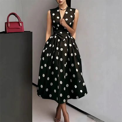 👗🌸 50% RABATT! Damen-Kleid mit Polka-Dot-Muster, V-Ausschnitt & ärmellos – Luftig, elegant & vielseitig für Alltag, Büro & besondere Anlässe ✨
