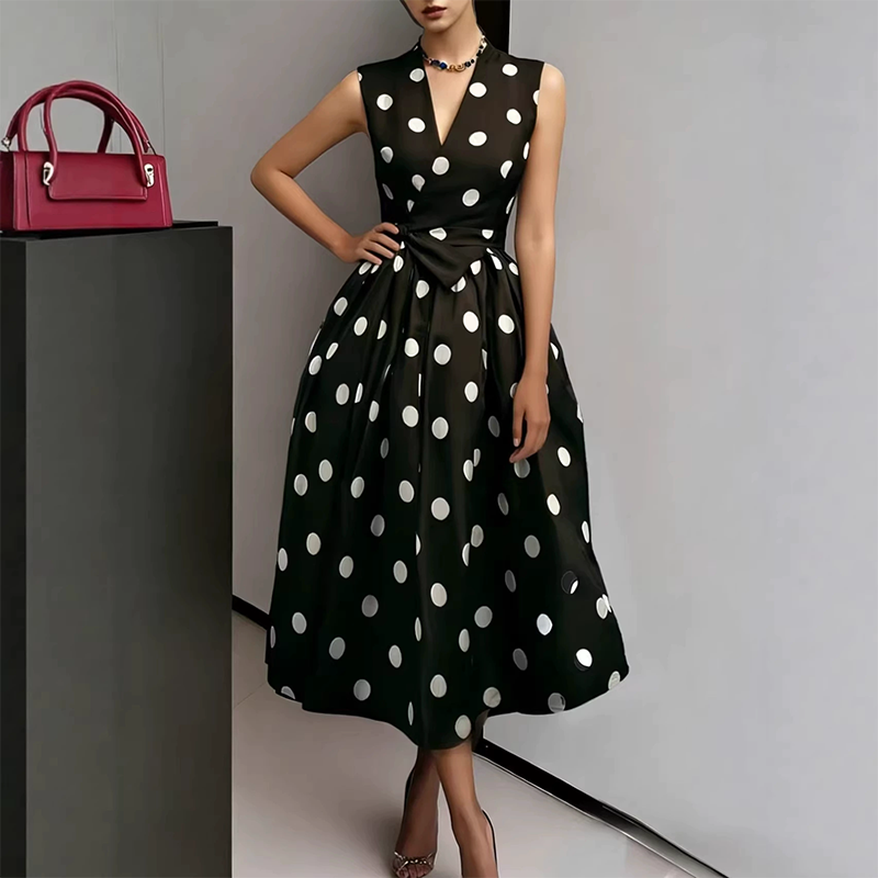 👗🌸 50% RABATT! Damen-Kleid mit Polka-Dot-Muster, V-Ausschnitt & ärmellos – Luftig, elegant & vielseitig für Alltag, Büro & besondere Anlässe ✨