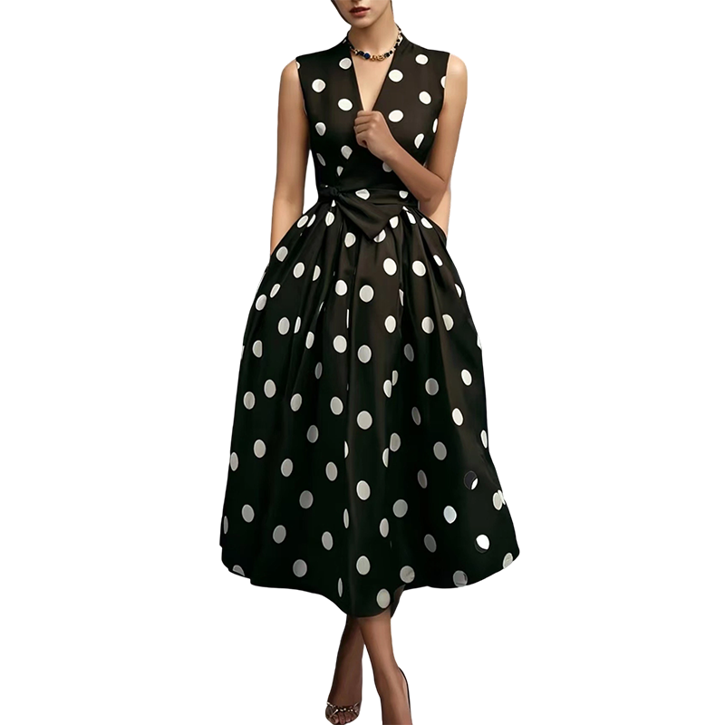 👗🌸 50% RABATT! Damen-Kleid mit Polka-Dot-Muster, V-Ausschnitt & ärmellos – Luftig, elegant & vielseitig für Alltag, Büro & besondere Anlässe ✨