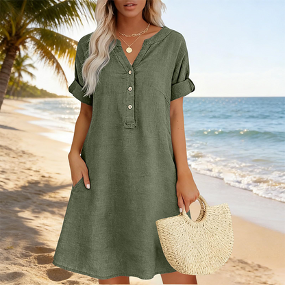 🔥Letzter Tag: 50% Rabatt!⏰👗Rabatt Damen Tunika-Kleid mit V-Ausschnitt & Taschen 🌊 Lässiges Kleid in Leinenoptik für Sommer, Strand & Alltag