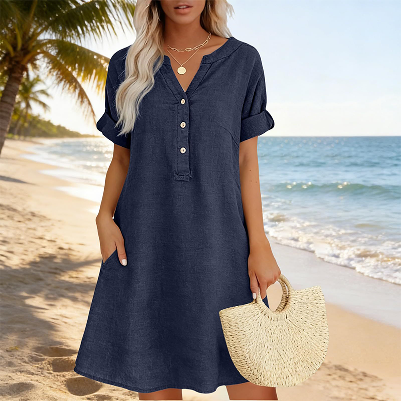 🔥Letzter Tag: 50% Rabatt!⏰👗Rabatt Damen Tunika-Kleid mit V-Ausschnitt & Taschen 🌊 Lässiges Kleid in Leinenoptik für Sommer, Strand & Alltag
