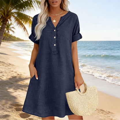 🔥Letzter Tag: 50% Rabatt!⏰👗Rabatt Damen Tunika-Kleid mit V-Ausschnitt & Taschen 🌊 Lässiges Kleid in Leinenoptik für Sommer, Strand & Alltag